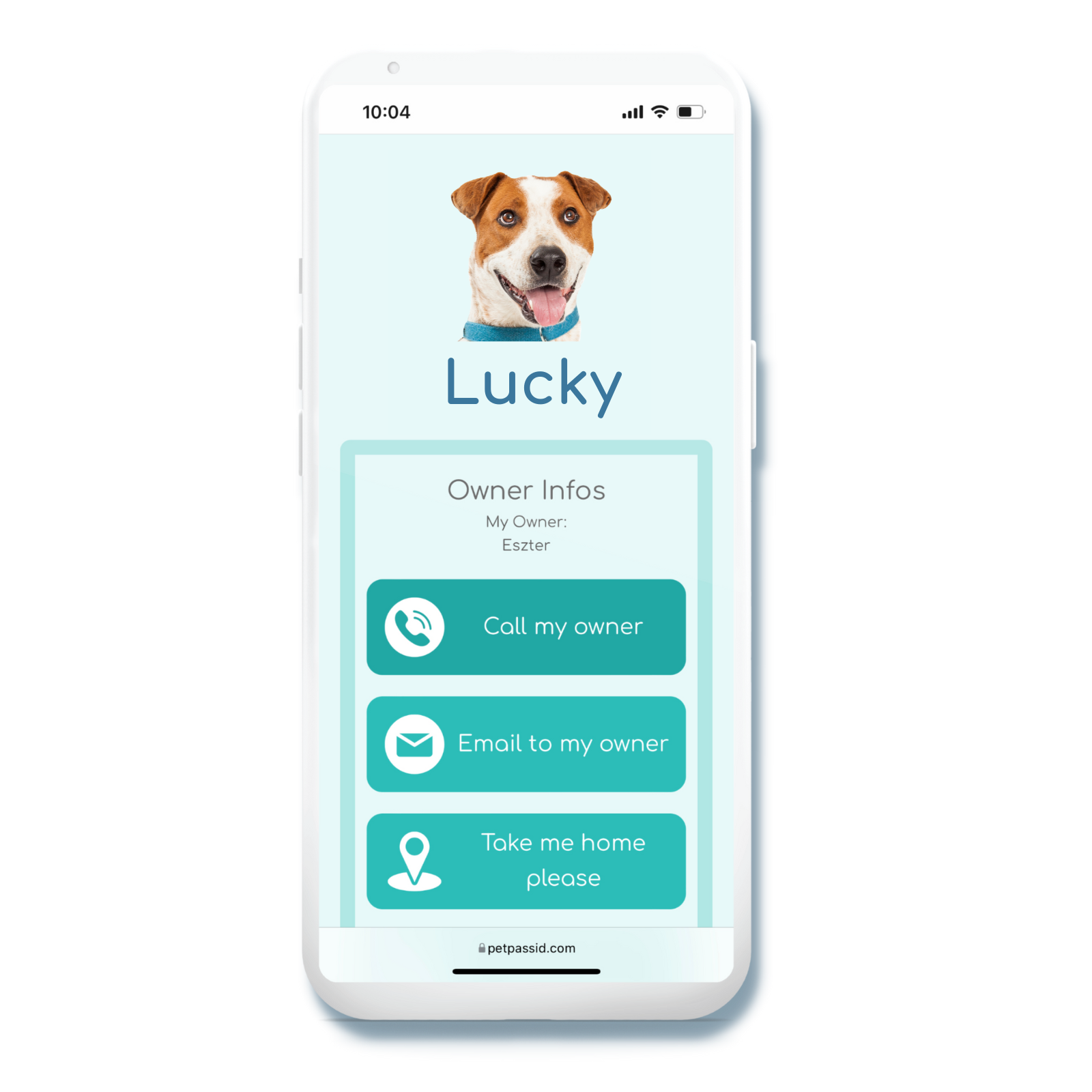 A pet profile open on a smartphone, showing the pet's photo, the owner's details and buttons to call or email the owner