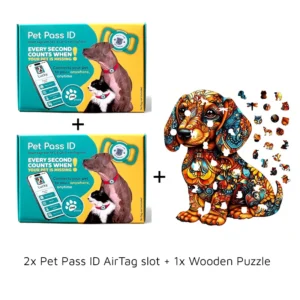 Pet Pass ID - Smart Tag with AirTag Slot 2x + Wooden Puzzle Dachshund