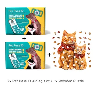 Pet Pass ID - Smart Tag with AirTag Slot 2x + Wooden Puzzle Cats