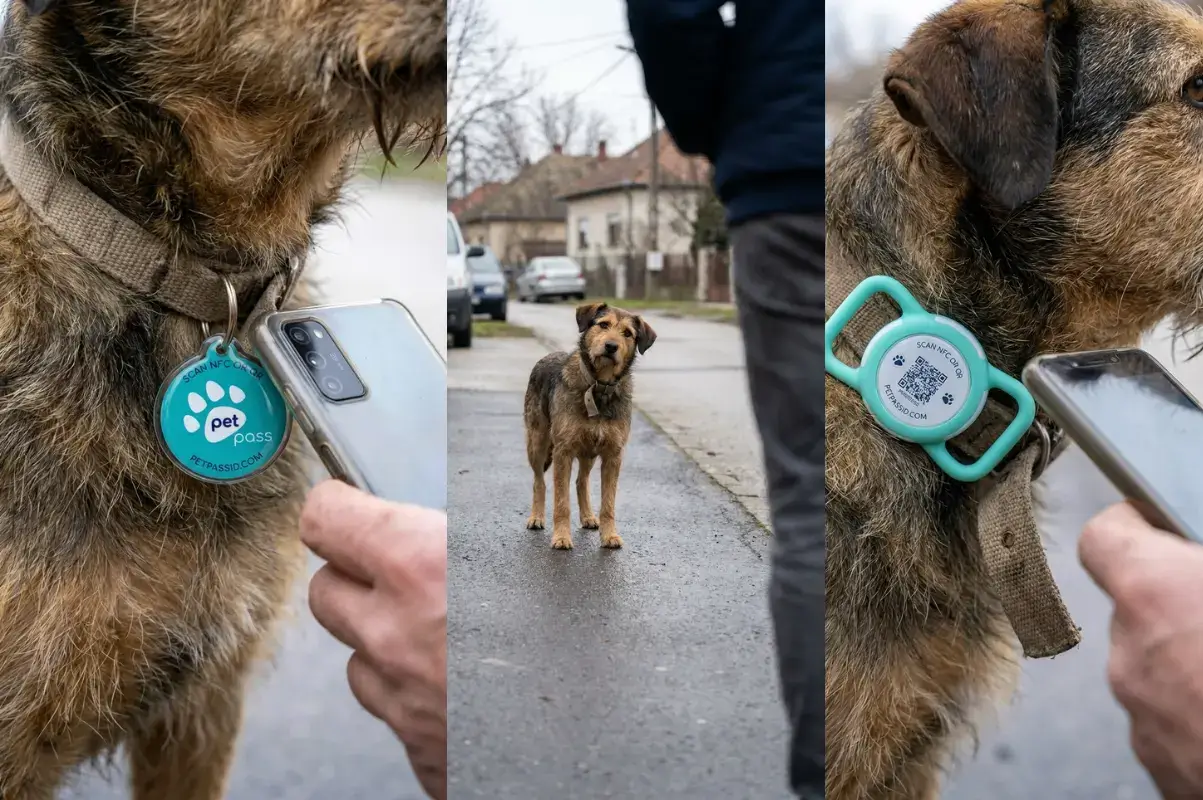 Someone holding a phone to the Pet Pass ID tag on a dog's collar
