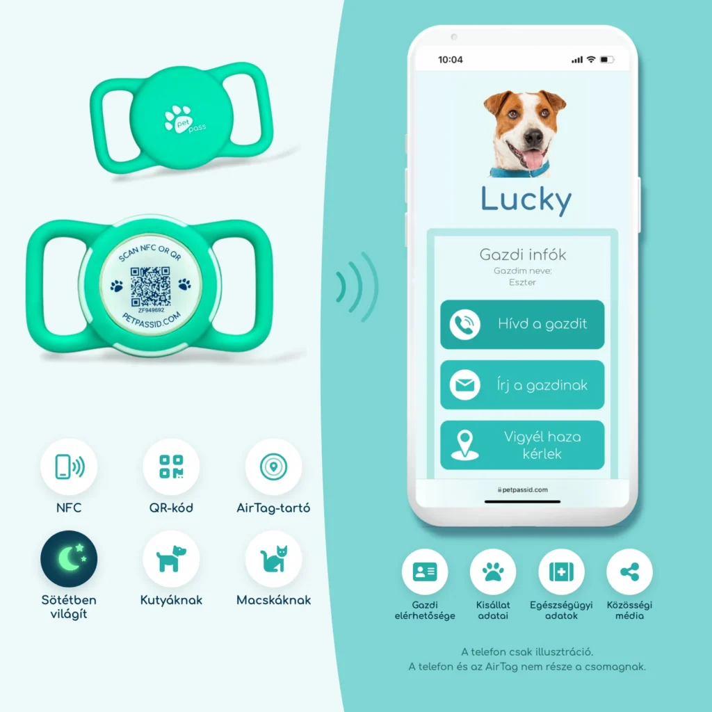 Pet Pass ID okos NFC és QR kisállatbiléta AirTag-tartóval egy telefon mellett, amelyen a kisállat online profilja látszik