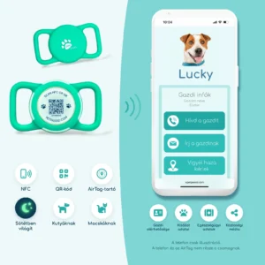 Pet Pass ID okos NFC és QR kisállatbiléta AirTag-tartóval egy telefon mellett, amelyen a kisállat online profilja látszik