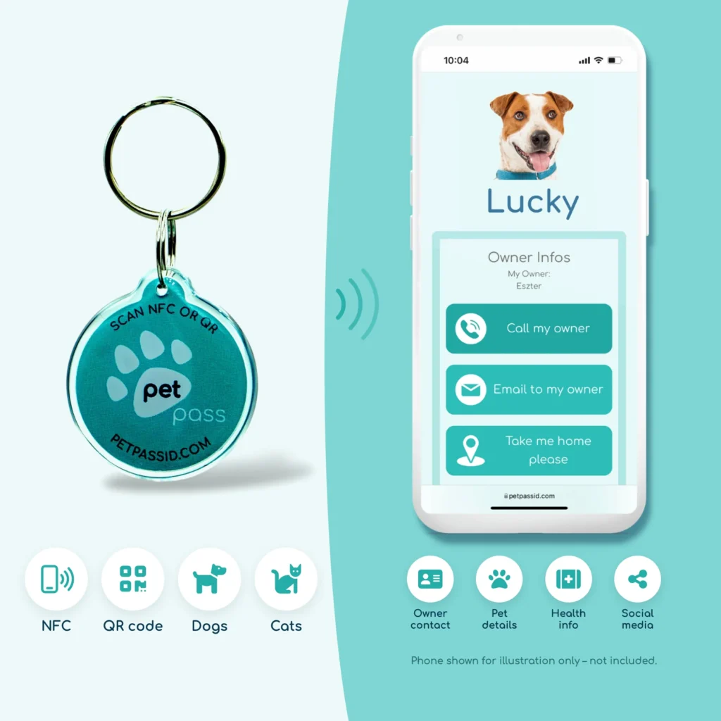 Pet Pass ID smart NFC and QR pet tag next to a phone showing the pet's online profile