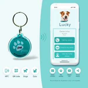 Pet Pass ID smart NFC and QR pet tag next to a phone showing the pet's online profile
