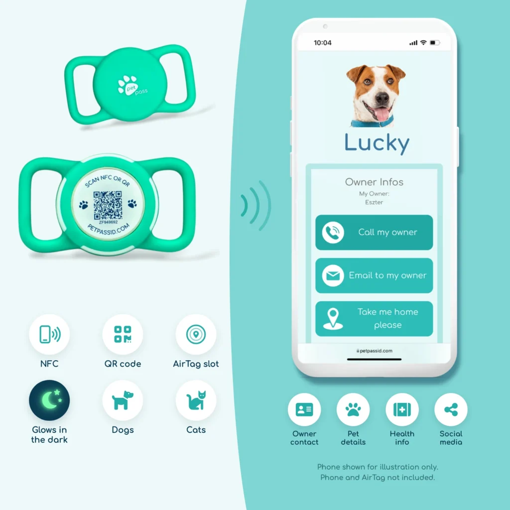 Pet Pass ID smart NFC and QR tag with AirTag slot next to a phone showing the pet's online profile