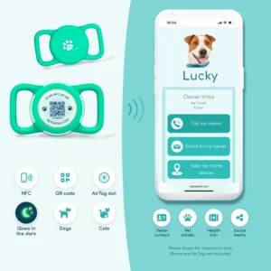 Pet Pass ID smart NFC and QR tag with AirTag slot next to a phone showing the pet's online profile