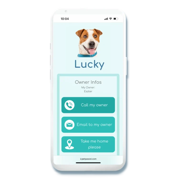 A pet profile open on a smartphone, showing the pet's photo, the owner's details and buttons to call or email the owner