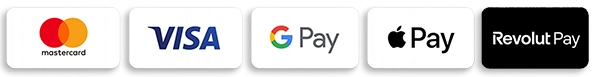 Mastercard, Visa, Google Pay, Apple Pay, Revolut Pay